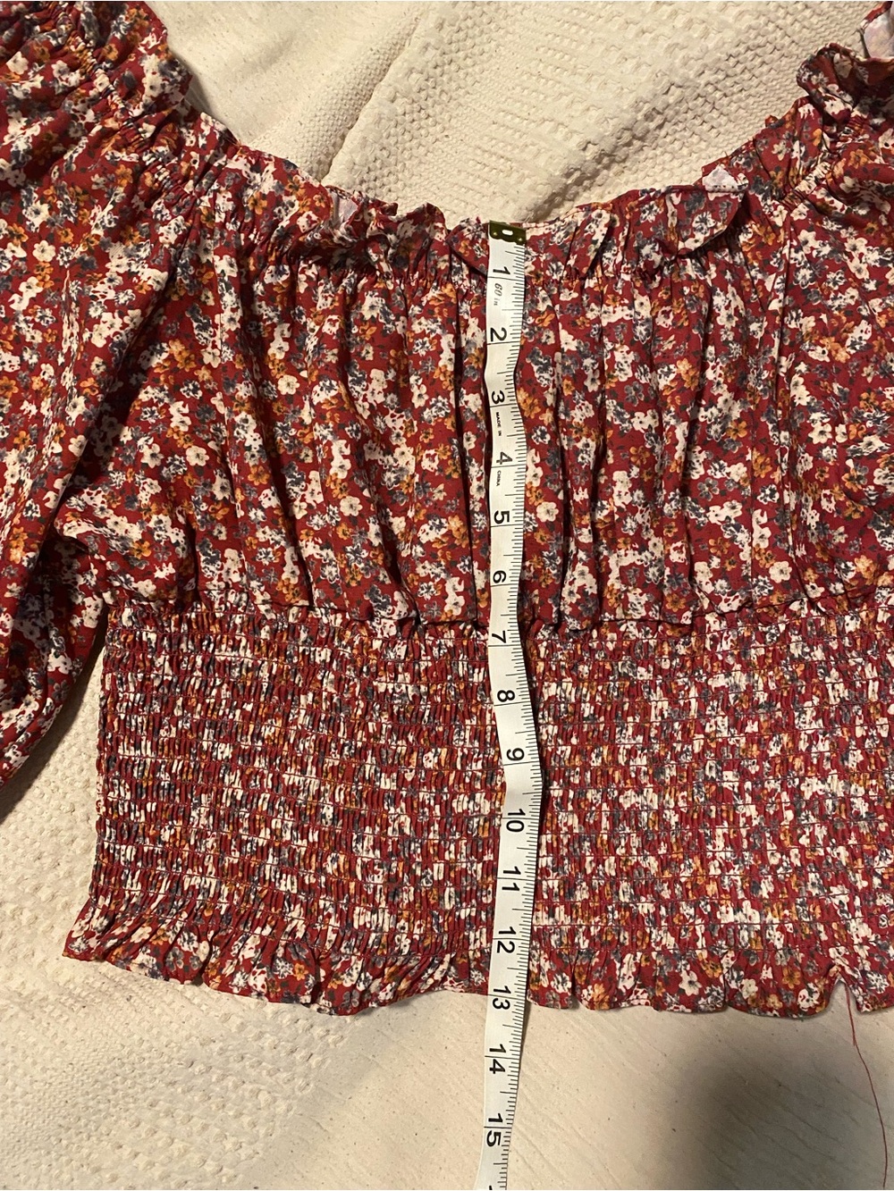 Smocked Floral Off-Shoulder Blouse in Wine Red - Picture 2 of 2